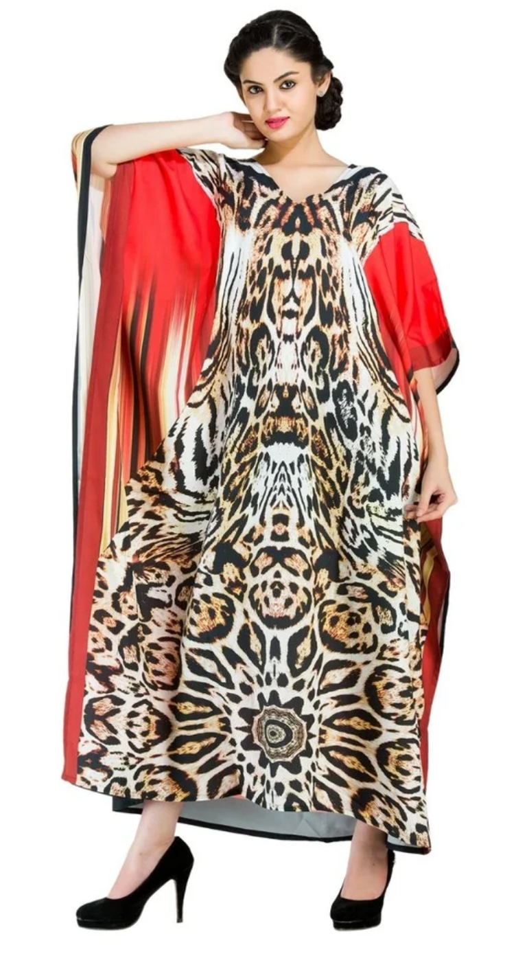 Red Leopard Kaleidoscope Polyester Plus Size Kaftan for Women 1X-3X | GypsieBlu