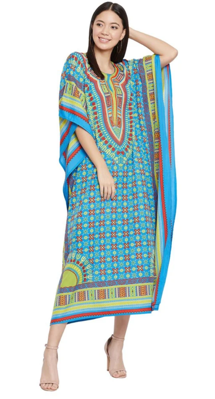 Turquoise Dashiki Medallion Polyester Plus Size Kaftan for Women 1X-3X | GypsieBlu