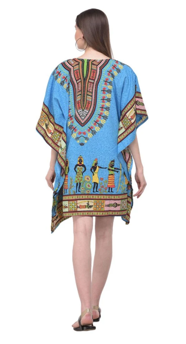 Blue & Multicolor Dashiki Tribal Figure Motif Polyester Plus Size Tunic for Women 1X-3X V Neck | GypsieBlu