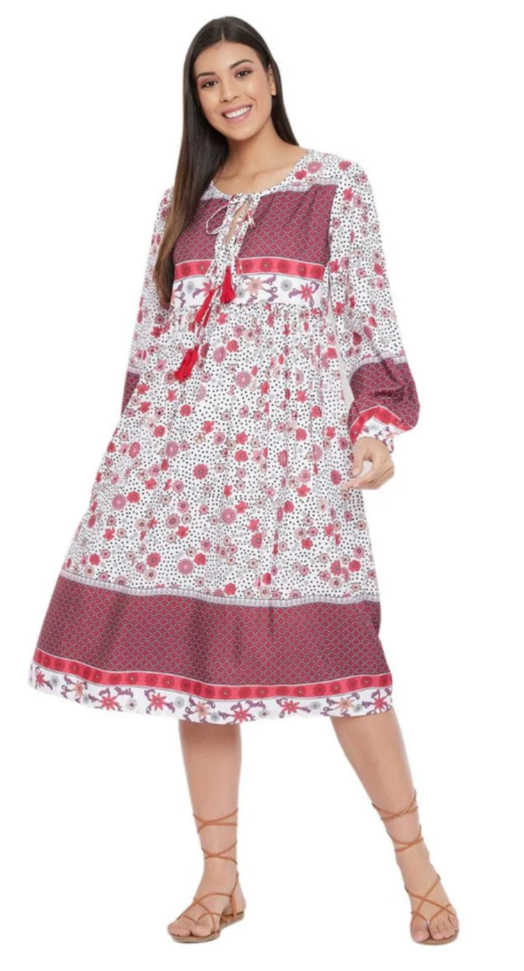 White & Red Floral Cotton Dress for Women S Long Sleeve | GypsieBlu