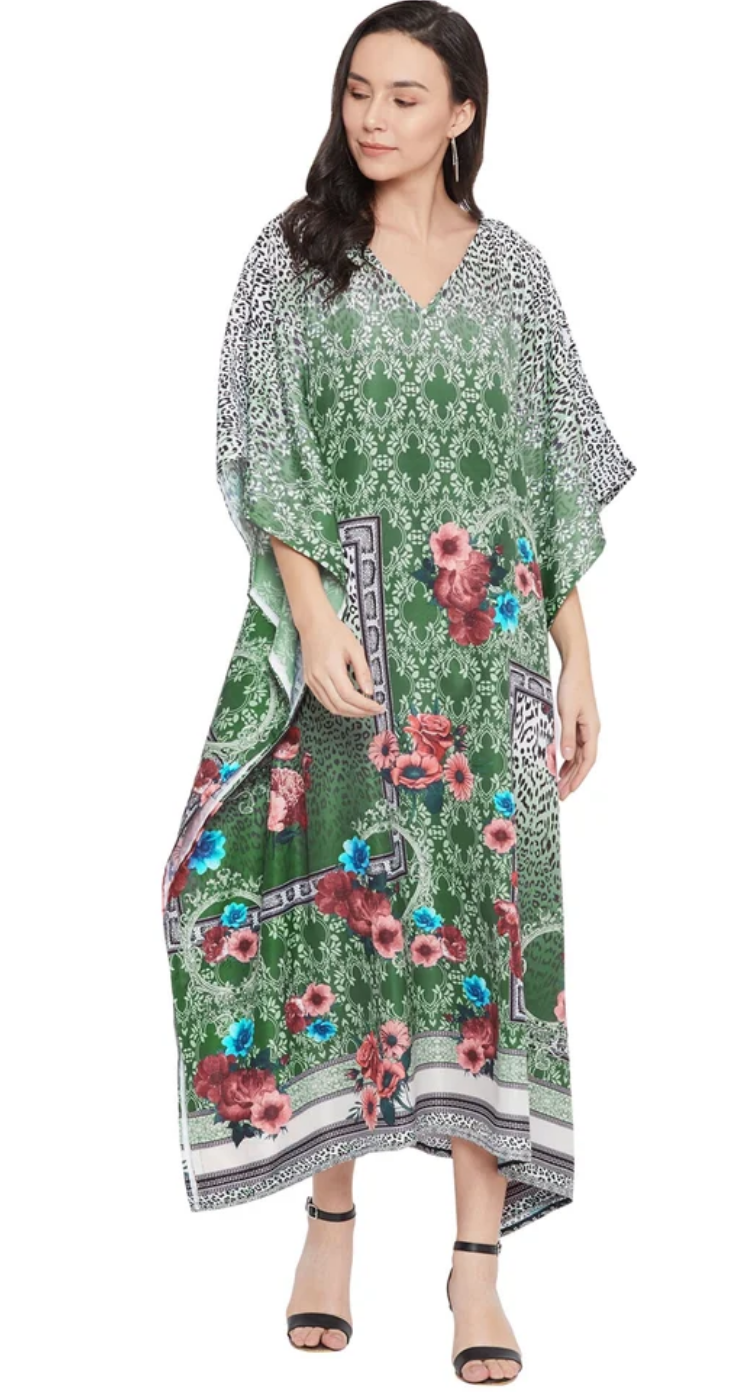 Green Floral Leopard Polyester Plus Size Kaftan for Women 1X-3X | GypsieBlu