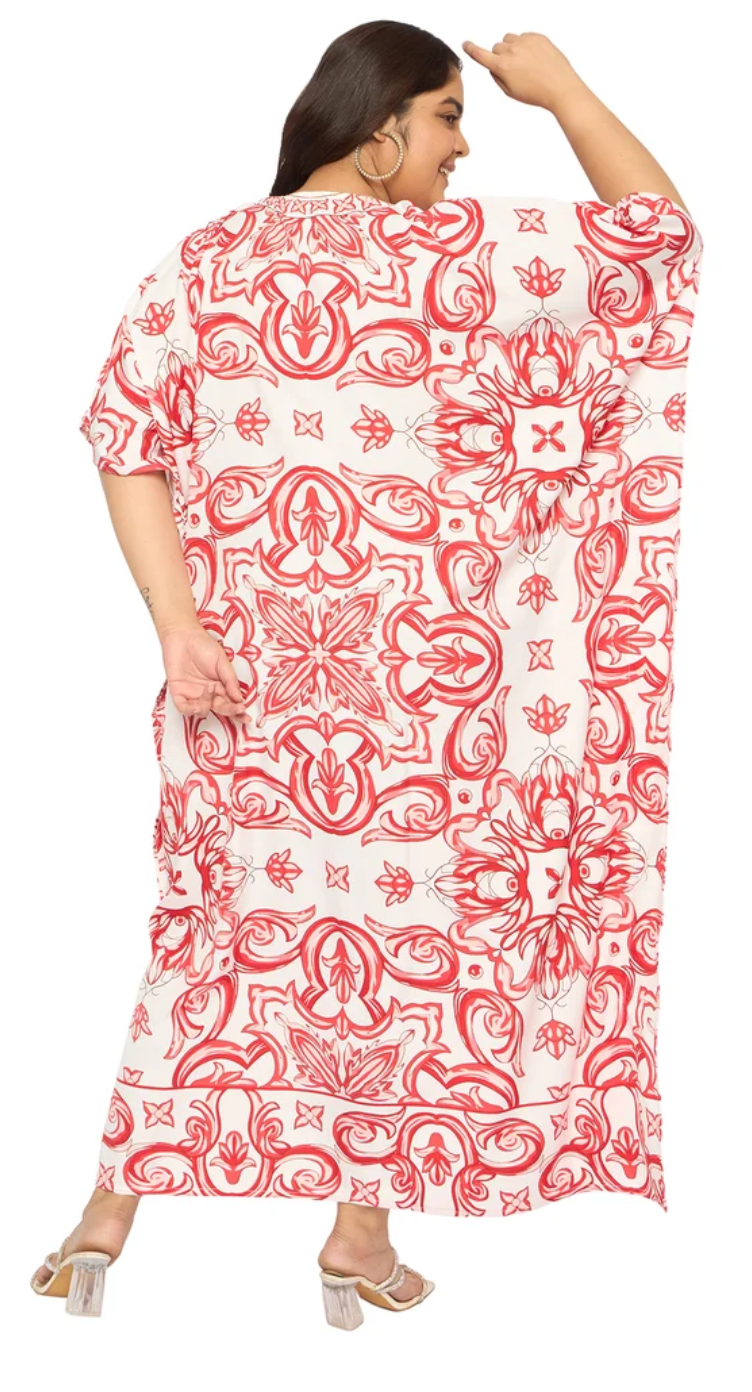 GypsieBlu Red Polyester Plus Size Kaftan for Women Kimono Sleeve 1X-3X - Ornate Damask Medallion Scroll Print