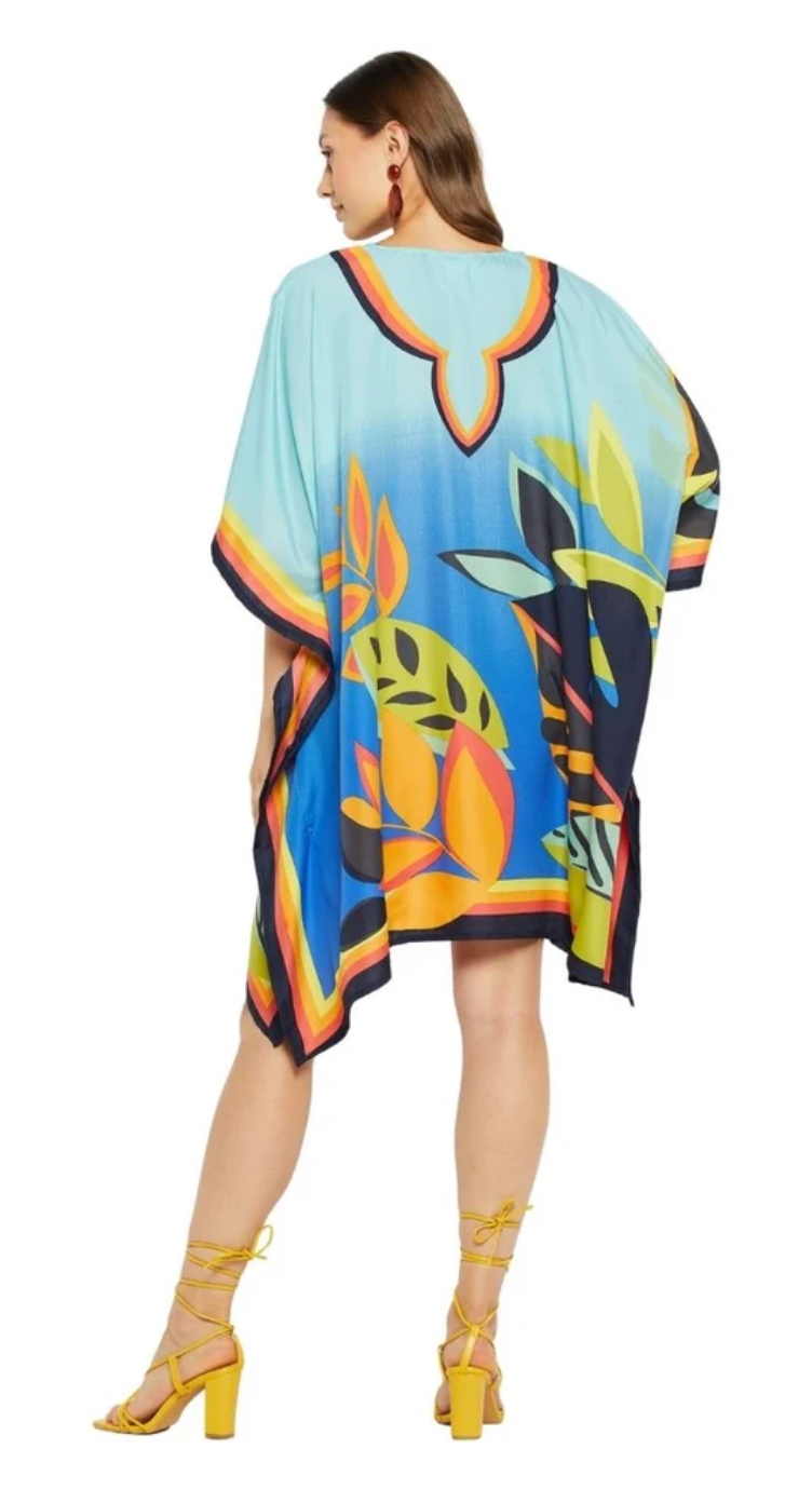 Blue & Multicolor Abstract Tropical Leaf Polyester Plus Size Tunic for Women 1X-3X | GypsieBlu