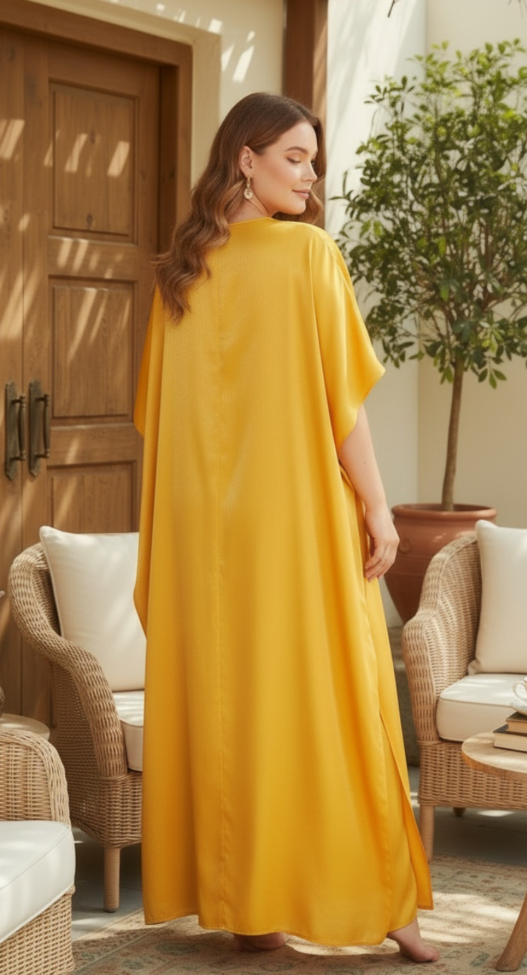 Yellow Pumpkin Silk Kaftan Dress - Luxury Plus Size Beach & Party Wear