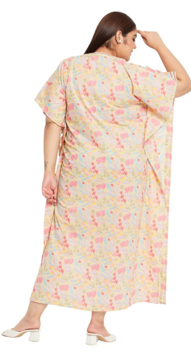 GypsieBlu Yellow Floral Plus Size Cotton Kaftan Dress for Women 3/4 Sleeve 1X-3X