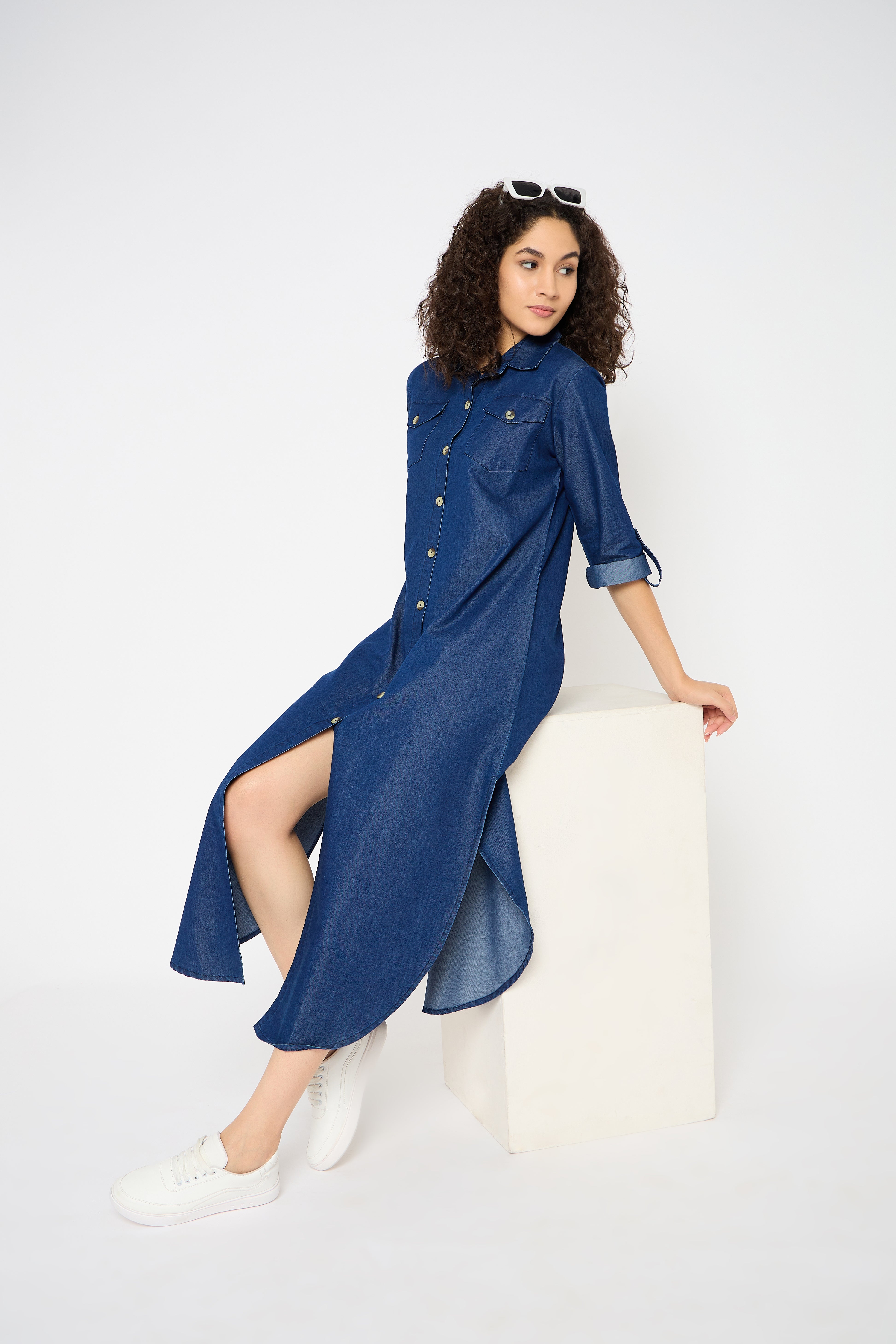 Blue Denim Maxi Shirt Dress Button Down Side Split With Pockets