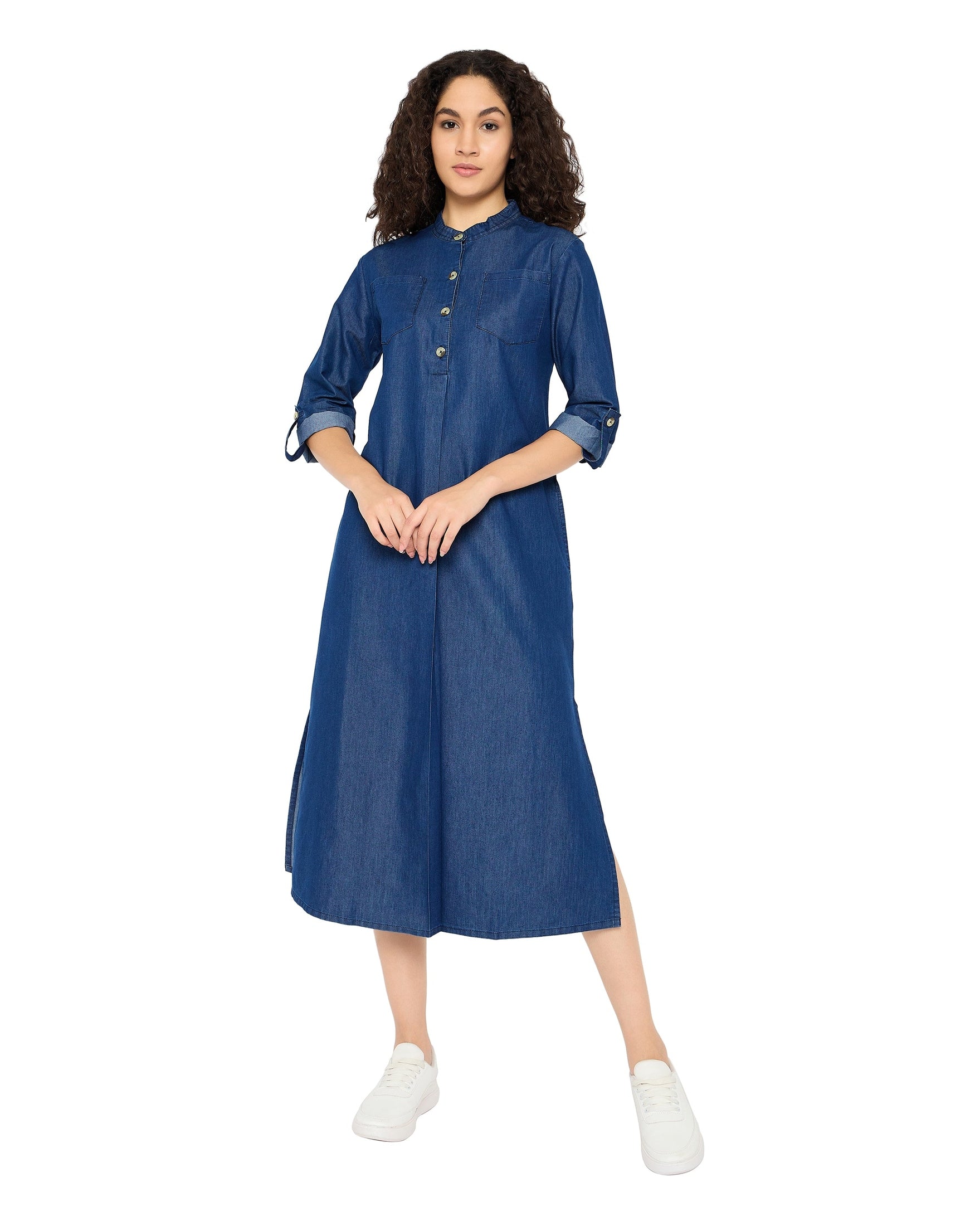 Blue Denim Women Round Neck Denim Dress with Pockets