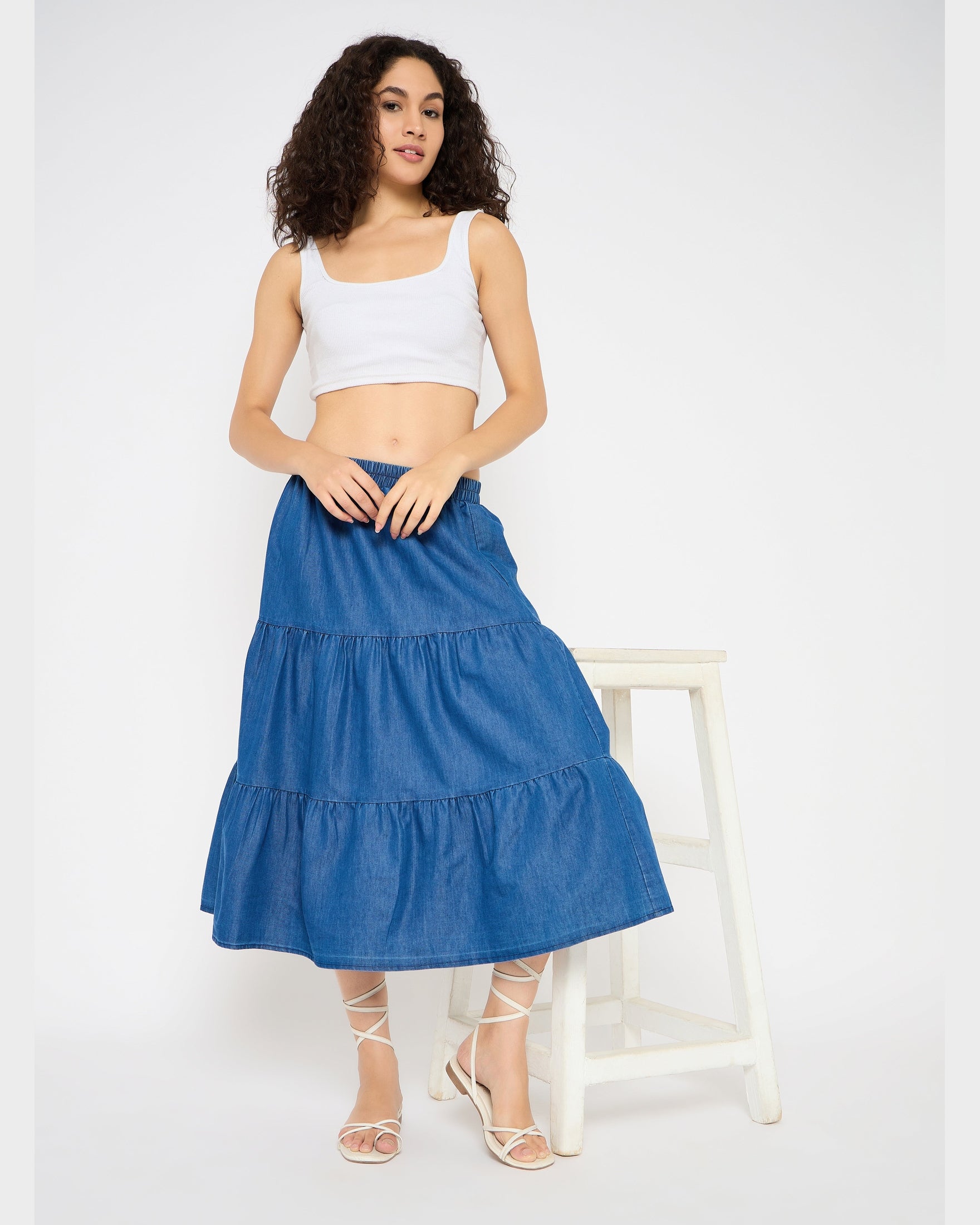 Blue Denim A Line Midi Skirts for Women