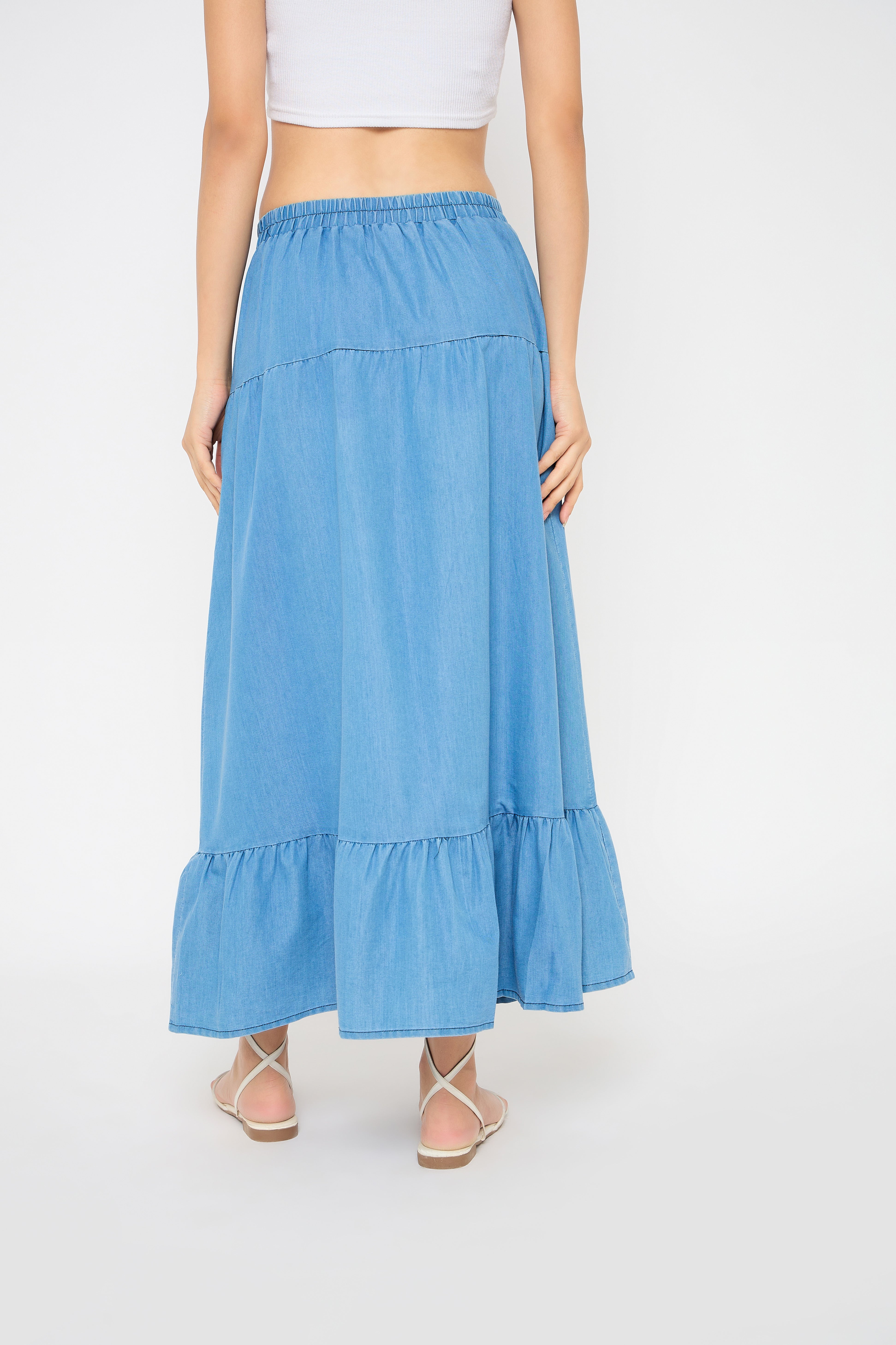 Sky Blue Elastic Waist Denim Long Skirt for Women
