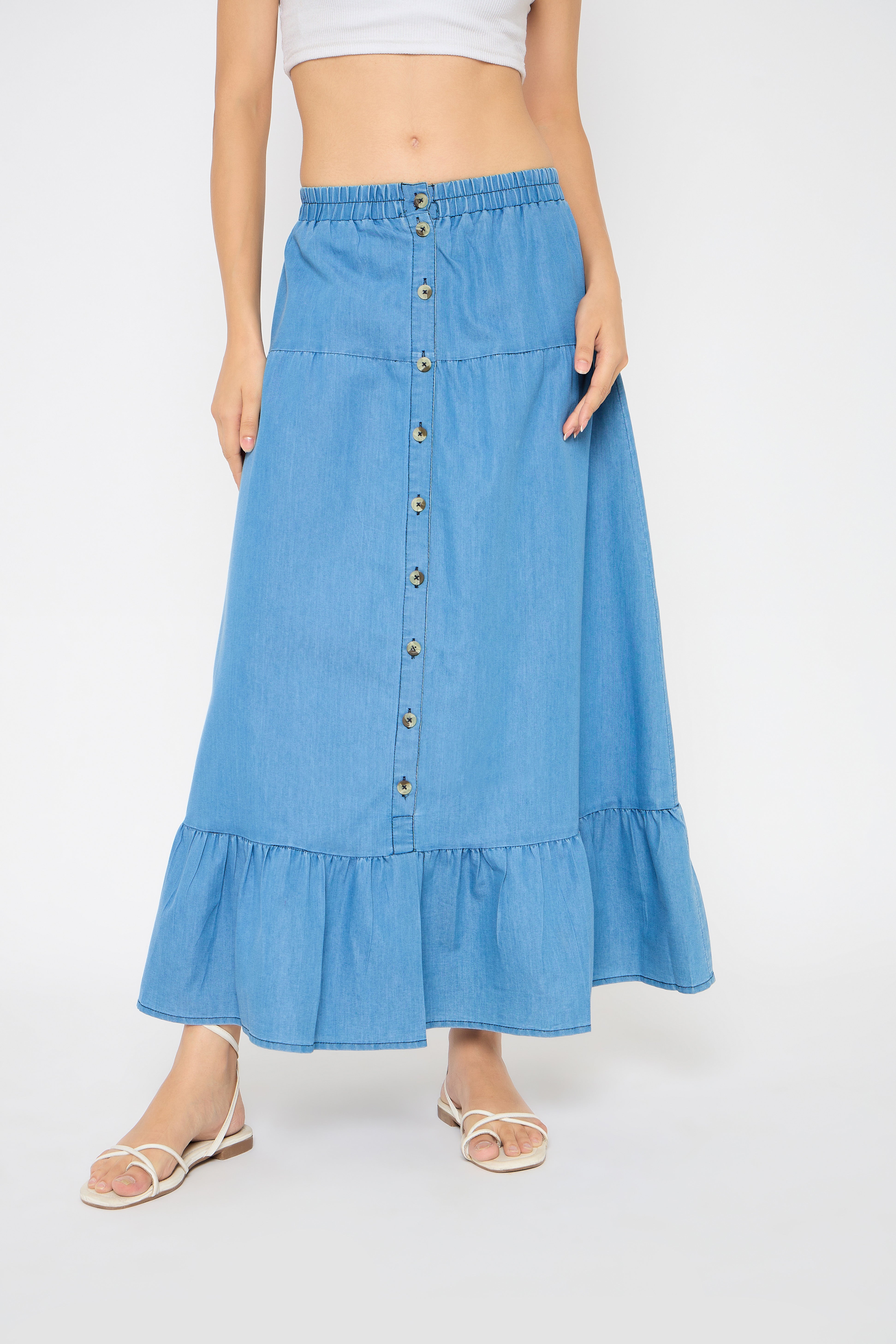 Sky Blue Elastic Waist Denim Long Skirt for Women