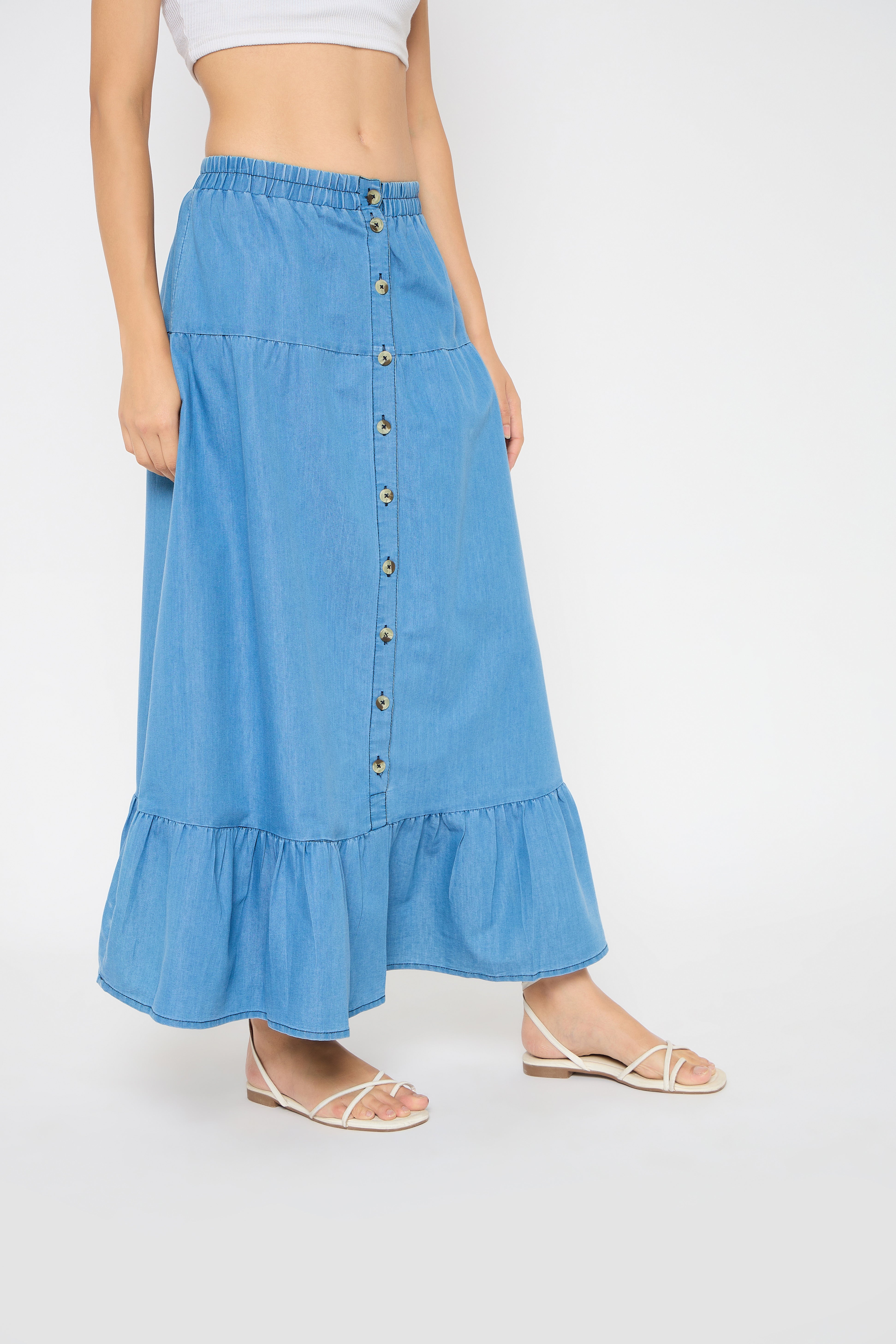 Sky Blue Elastic Waist Denim Long Skirt for Women