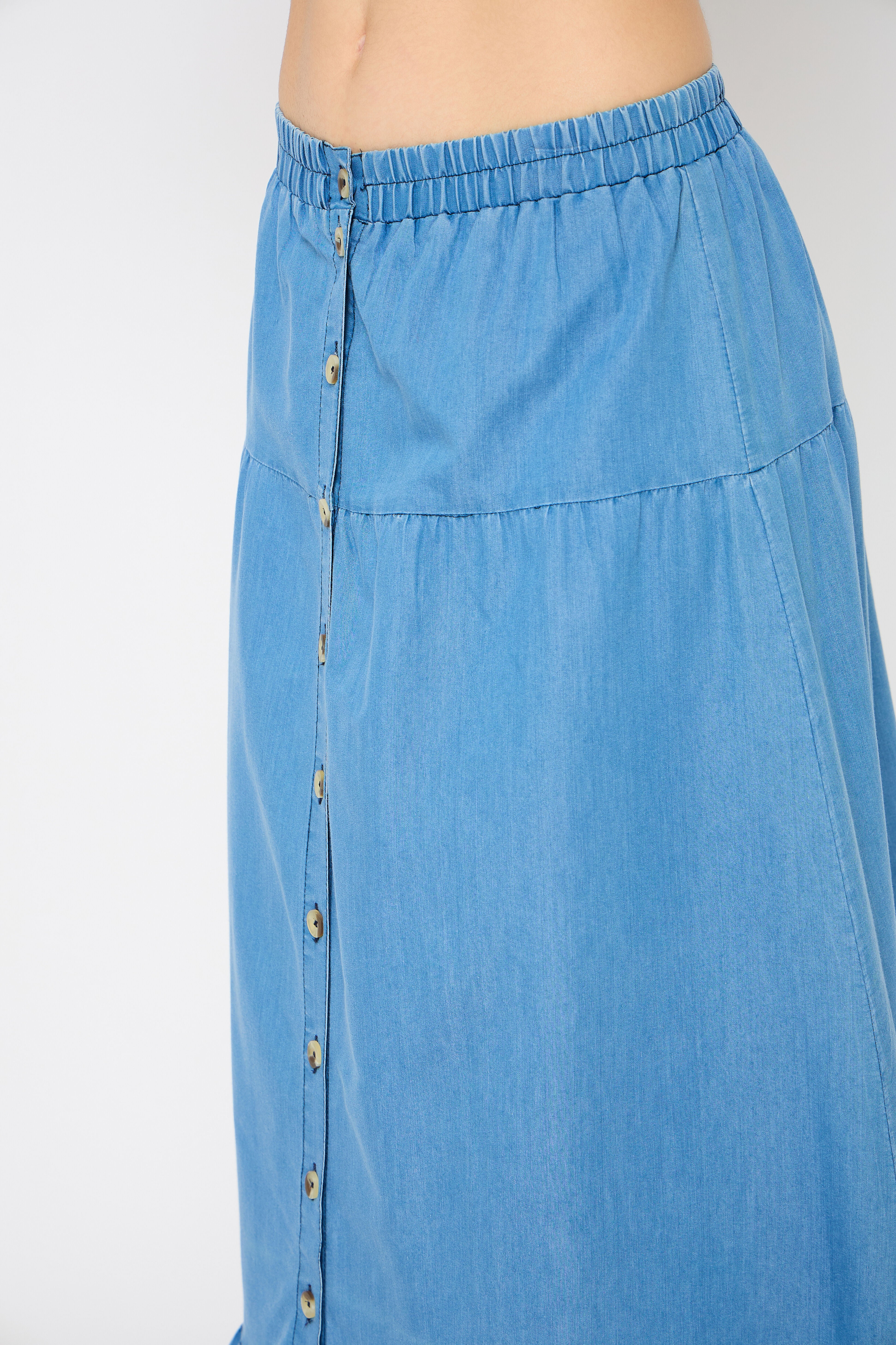 Sky Blue Elastic Waist Denim Long Skirt for Women