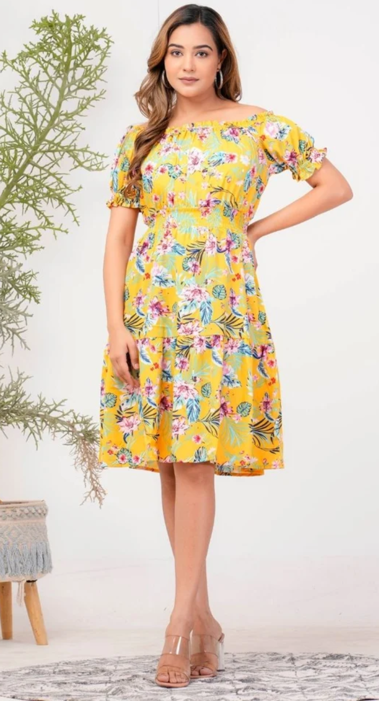 Yellow Floral Polyester Dress for Women S-XL Short Sleeve | GypsieBlu