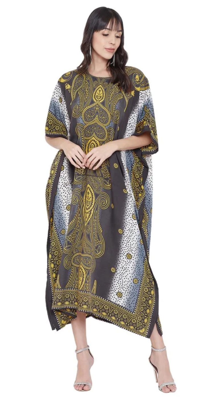 Black Paisley Scroll Polyester Plus Size Kaftan for Women 1X-3X | GypsieBlu