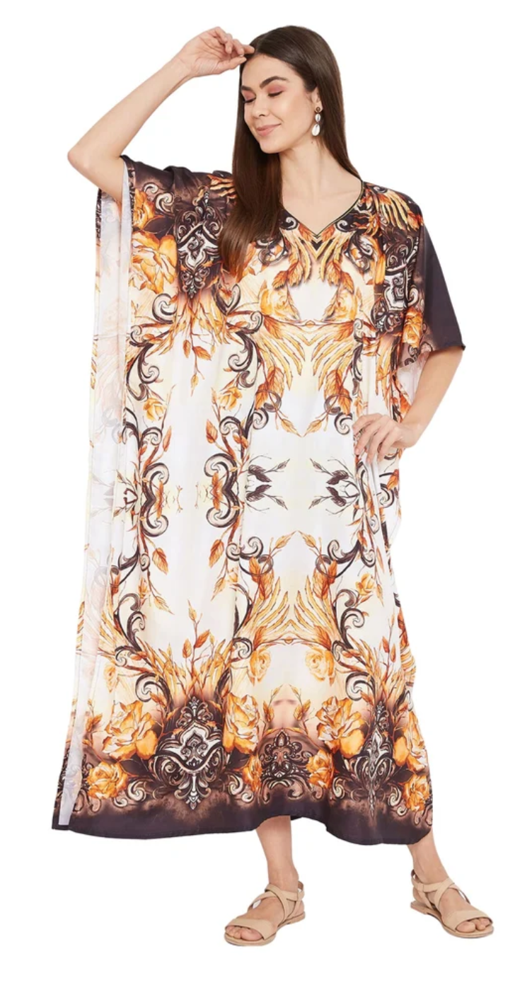 Brown Leaf Polyester Plus Size Kaftan Dress for Women 1X-3X | GypsieBlu