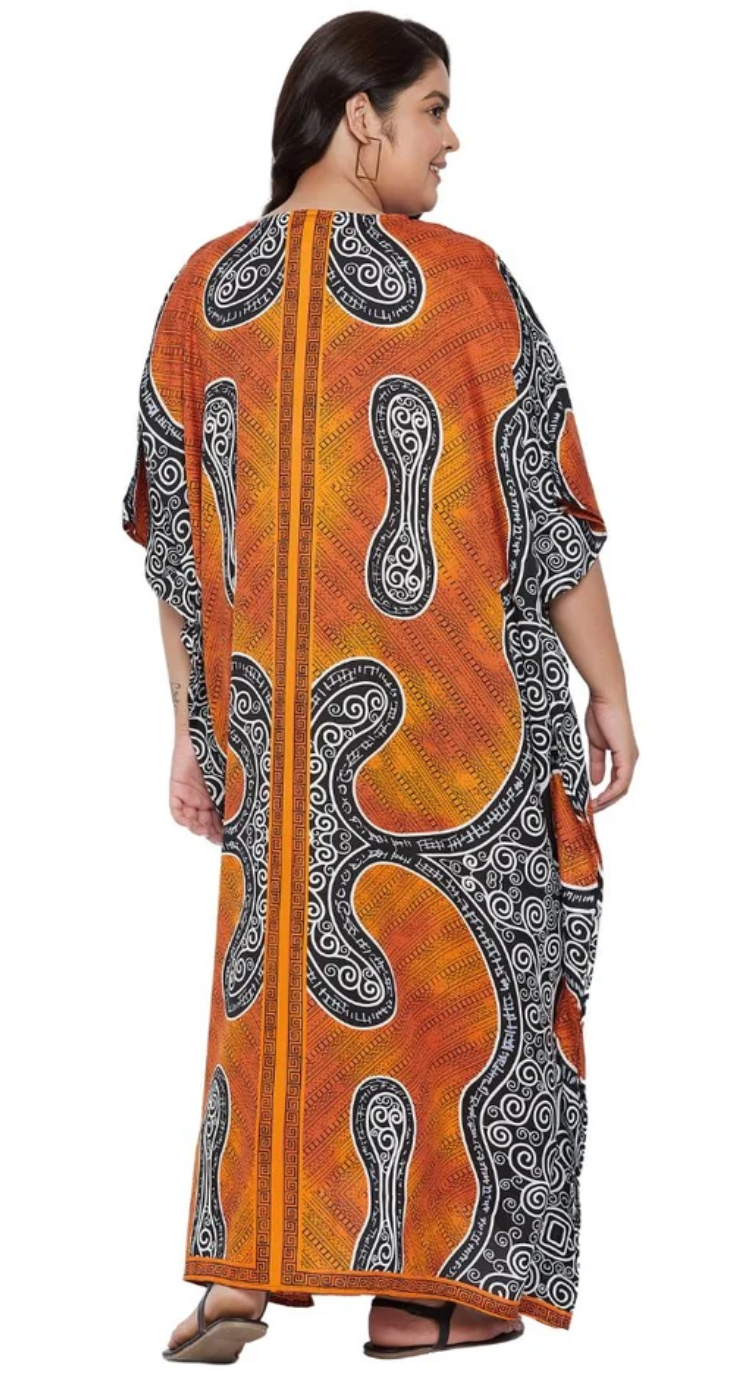 Orange Tribal Swirl Polyester Plus Size Kaftan for Women 1X-3X | GypsieBlu