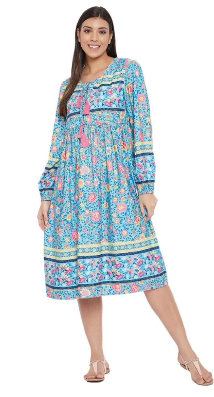Turquoise Floral Cotton Dress for Women S-L Long Sleeve Tie Bow Neck | GypsieBlu