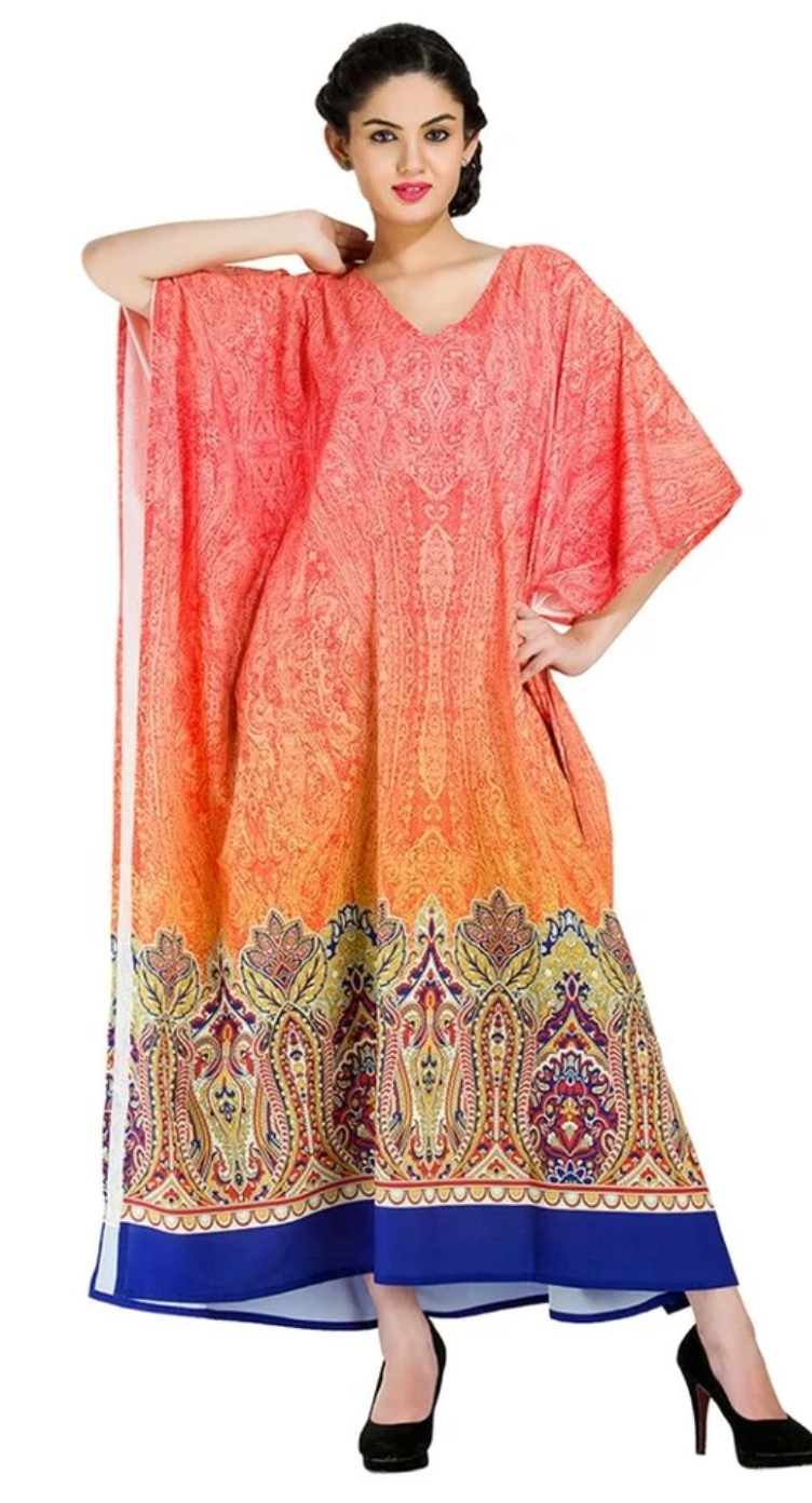 Orange Paisley Damask Polyester Plus Size Kaftan for Women 1X-3X | GypsieBlu