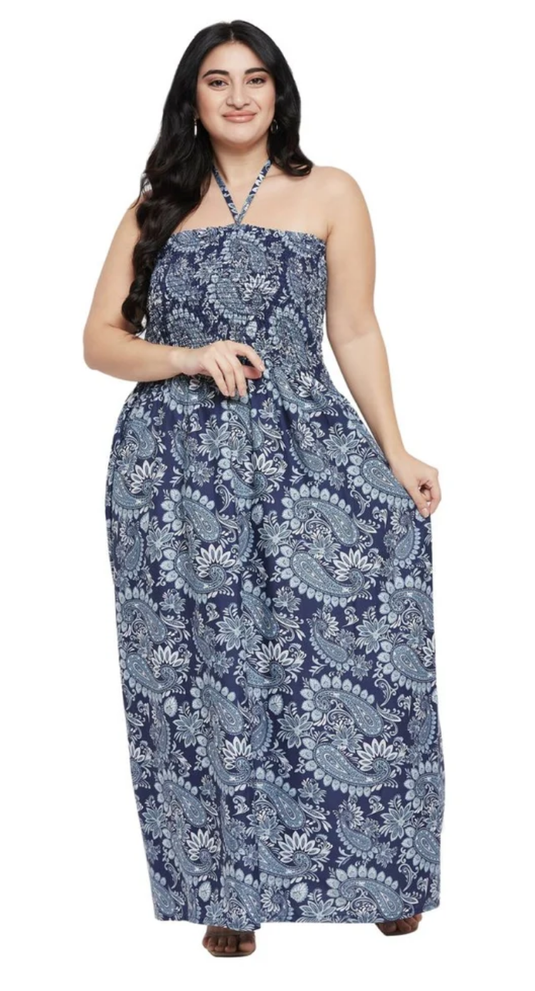 Navy Blue Paisley Polyester Plus Size Tube Dress for Women 1X-3X Sleeveless | GypsieBlu