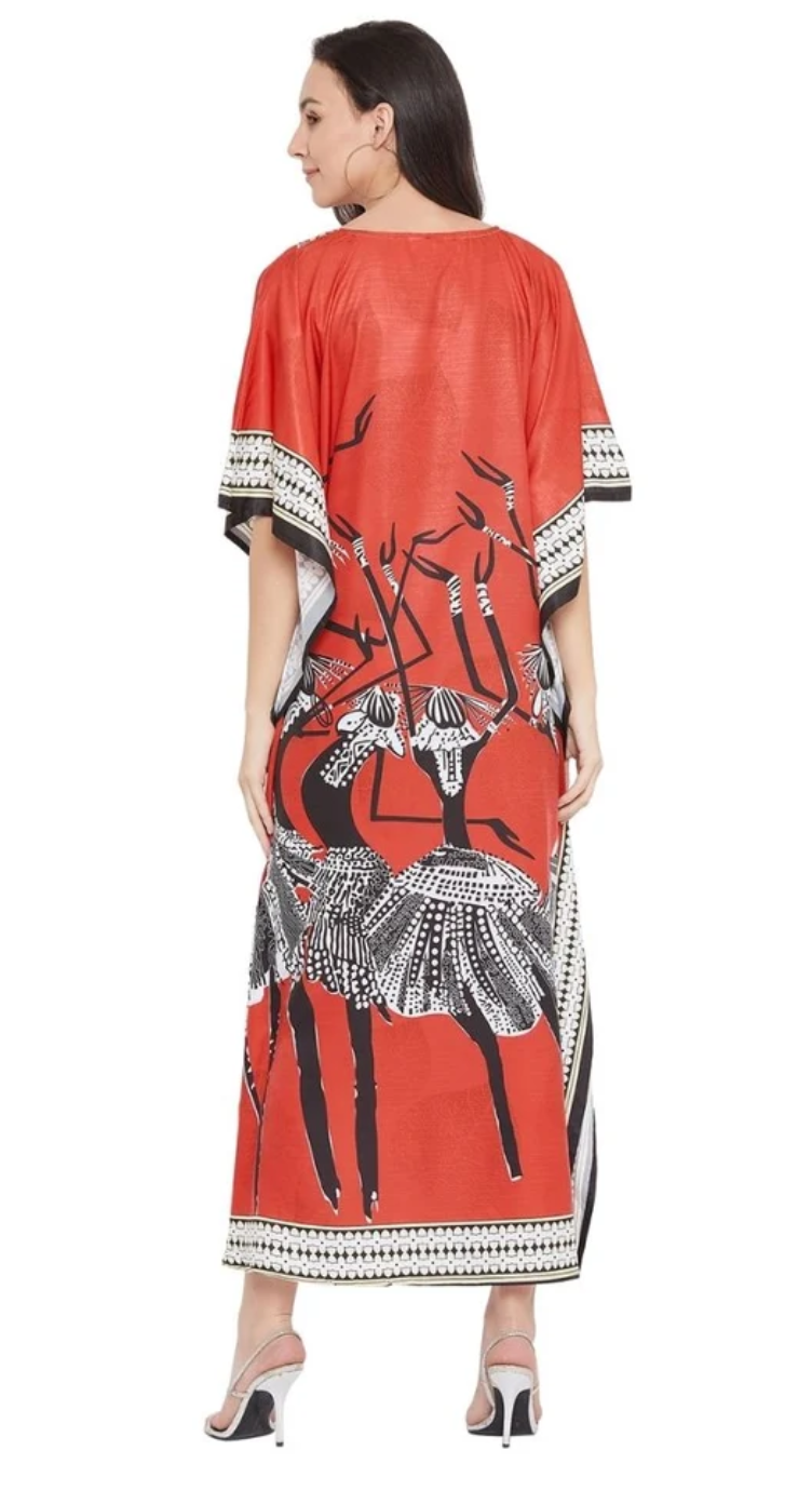 GypsieBlu Red, Black & White Polyester Plus Size Kaftan for Women Kimono Sleeve 1X-3X - Tribal Crane Motif Print