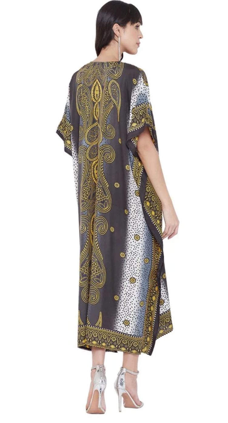 Black Paisley Scroll Polyester Plus Size Kaftan for Women 1X-3X | GypsieBlu