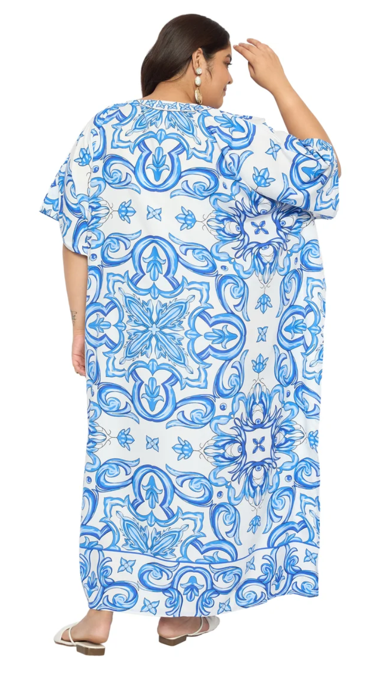 GypsieBlu Light Sky Blue Polyester Plus Size Kaftan for Women Kimono Sleeve 1X-3X - Portuguese Tile Medallion Print