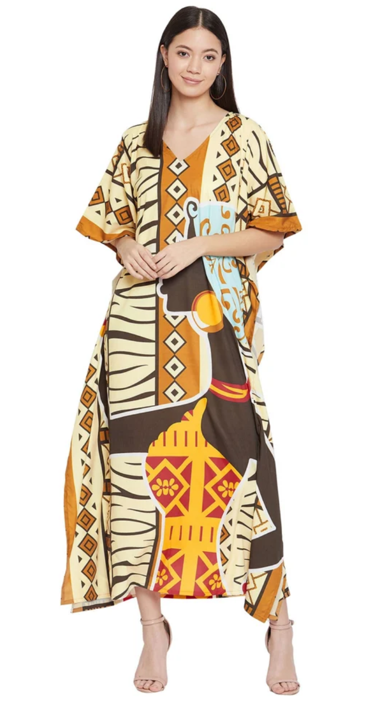 Cream Tribal Patchwork Polyester Plus Size Kaftan for Women 1X-3X | GypsieBlu