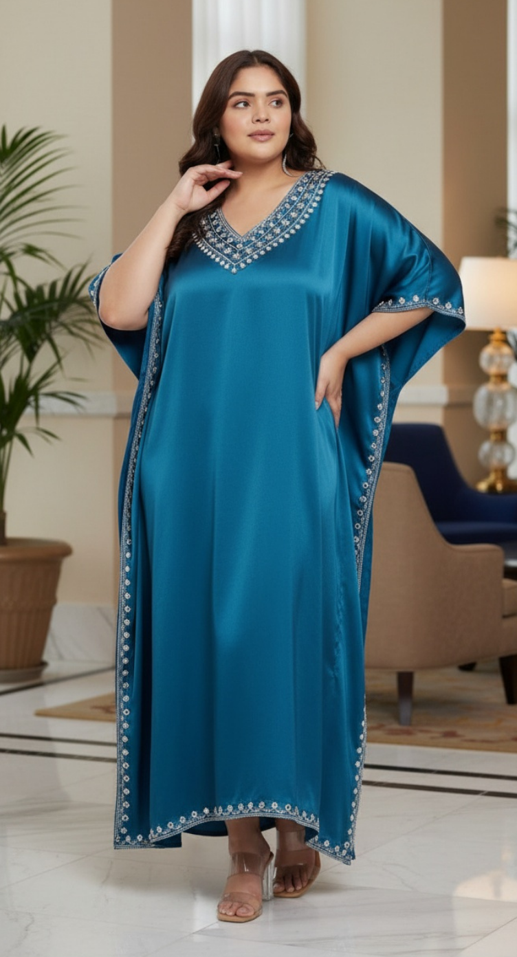 Embroidery Corsair Blue Satin Plus Size Kaftan for Women