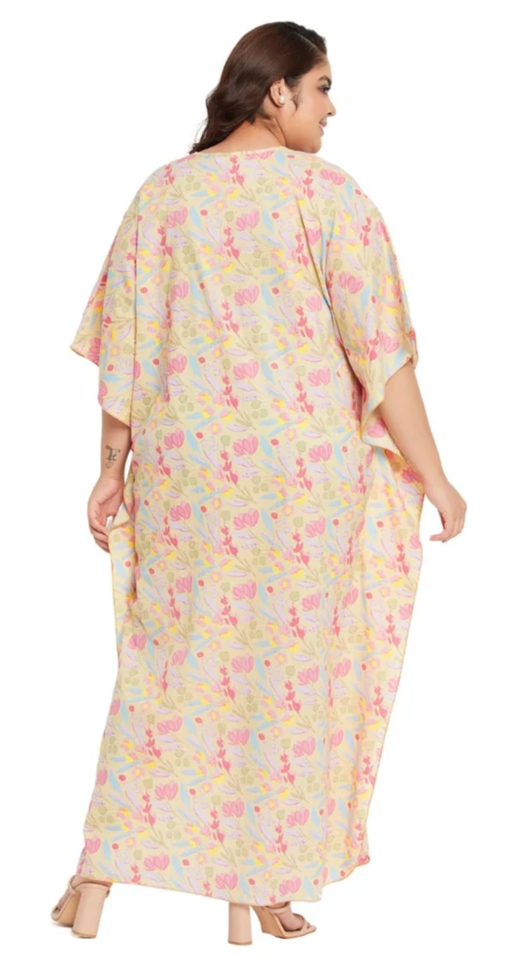 GypsieBlu Yellow Plus Size Cotton Kaftan Dress for Women 3/4 Sleeve 1X-3X
