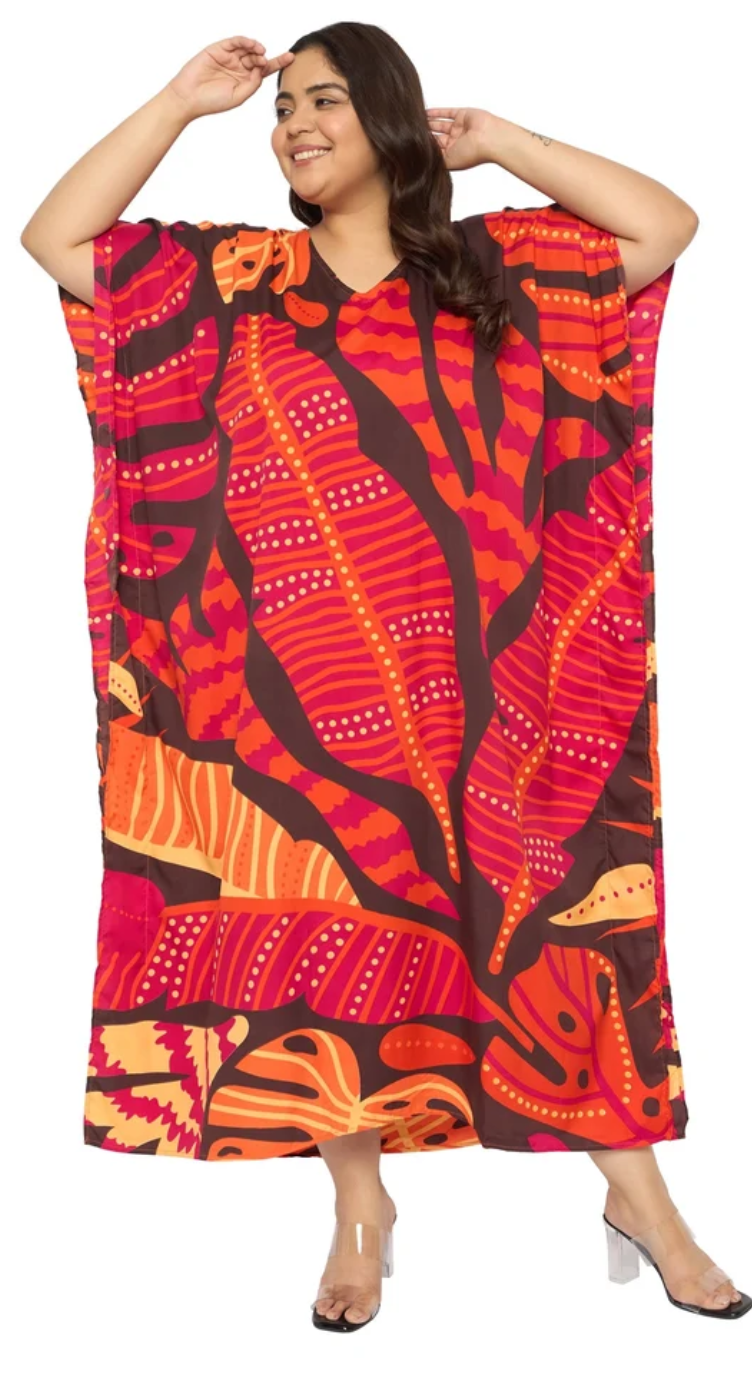 Red Tropical Leaf Polyester Plus Size Kaftan for Women 1X-3X | GypsieBlu