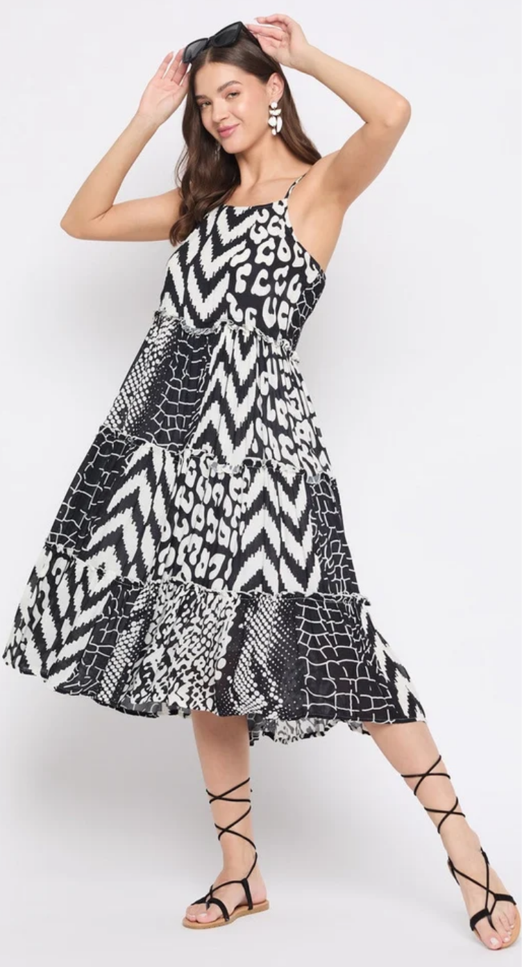 White & Black Geometric Rayon Midi Dress for Women S-XL | GypsieBlu