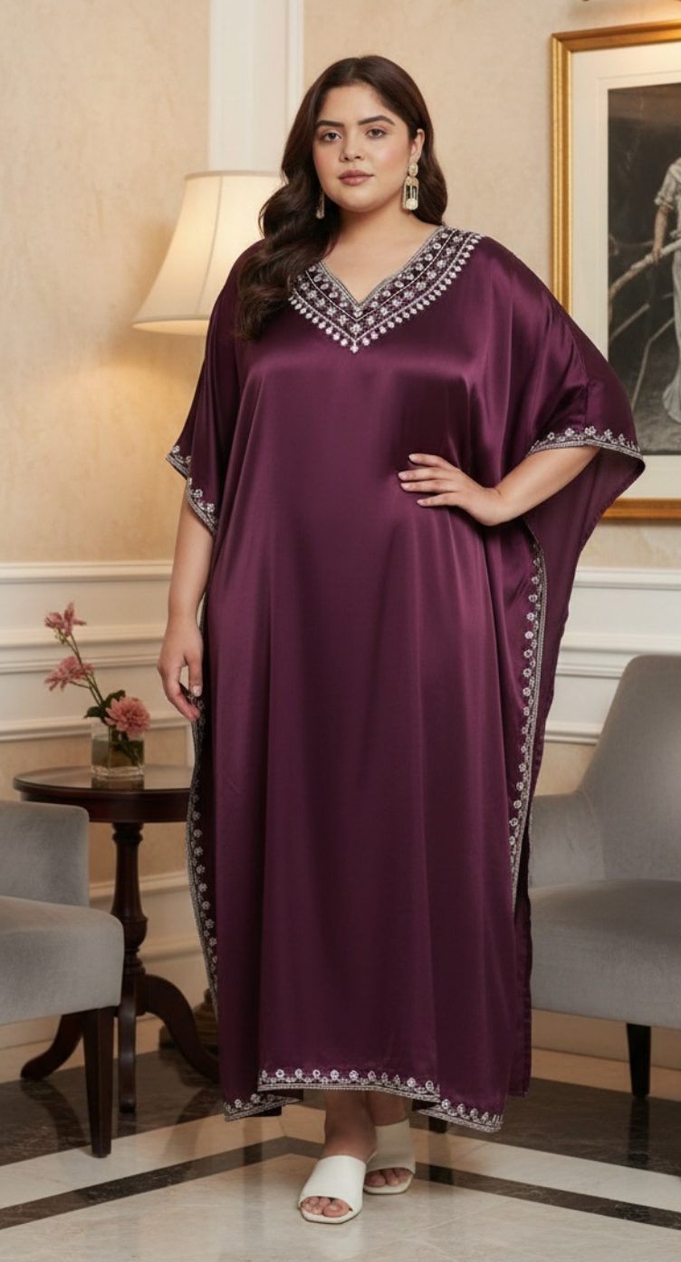 Wine Satin Plus Size Embroidered Kaftan Dress for Women