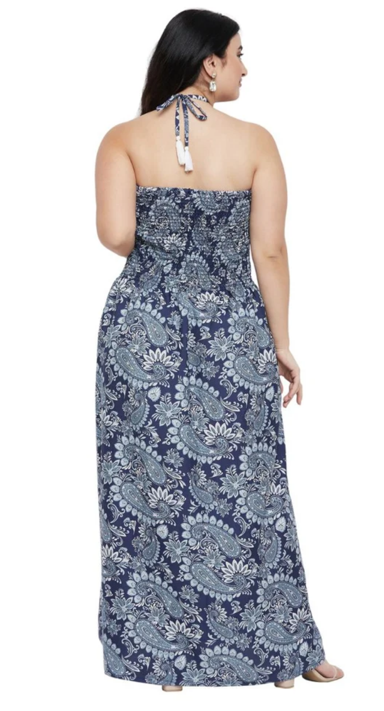 Navy Blue Paisley Polyester Plus Size Tube Dress for Women 1X-3X Sleeveless | GypsieBlu