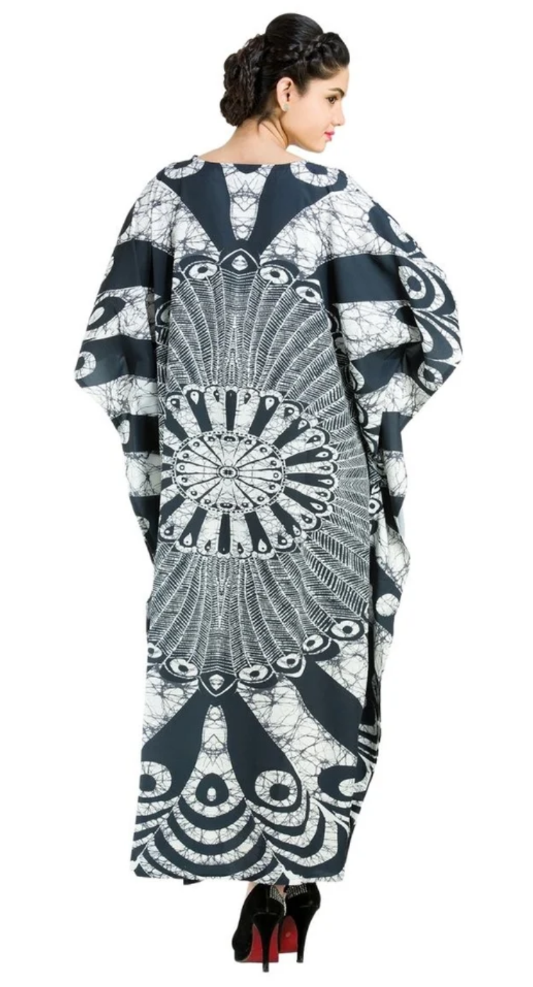 Black Peacock Medallion Polyester Plus Size Kaftan for Women 1X-3X | GypsieBlu