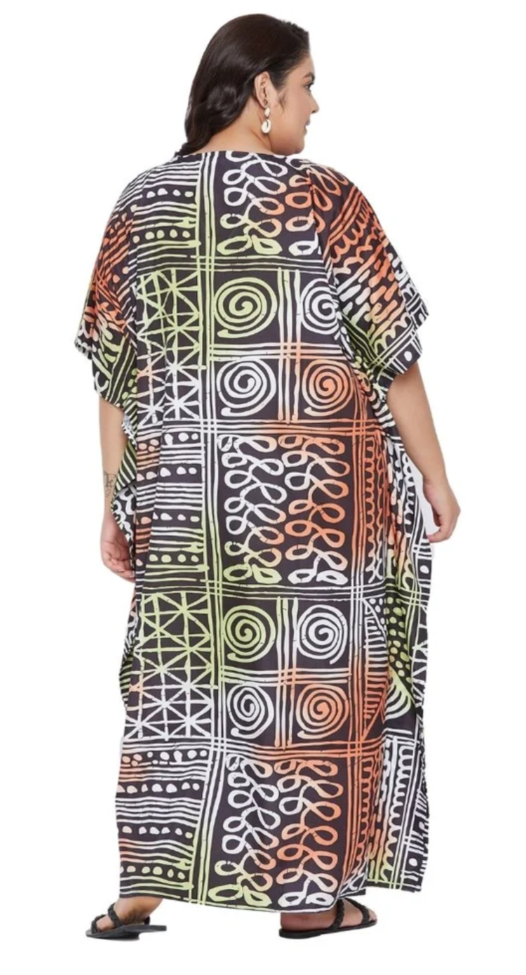Black Tribal Doodle Polyester Plus Size Kaftan for Women 1X-3X | GypsieBlu