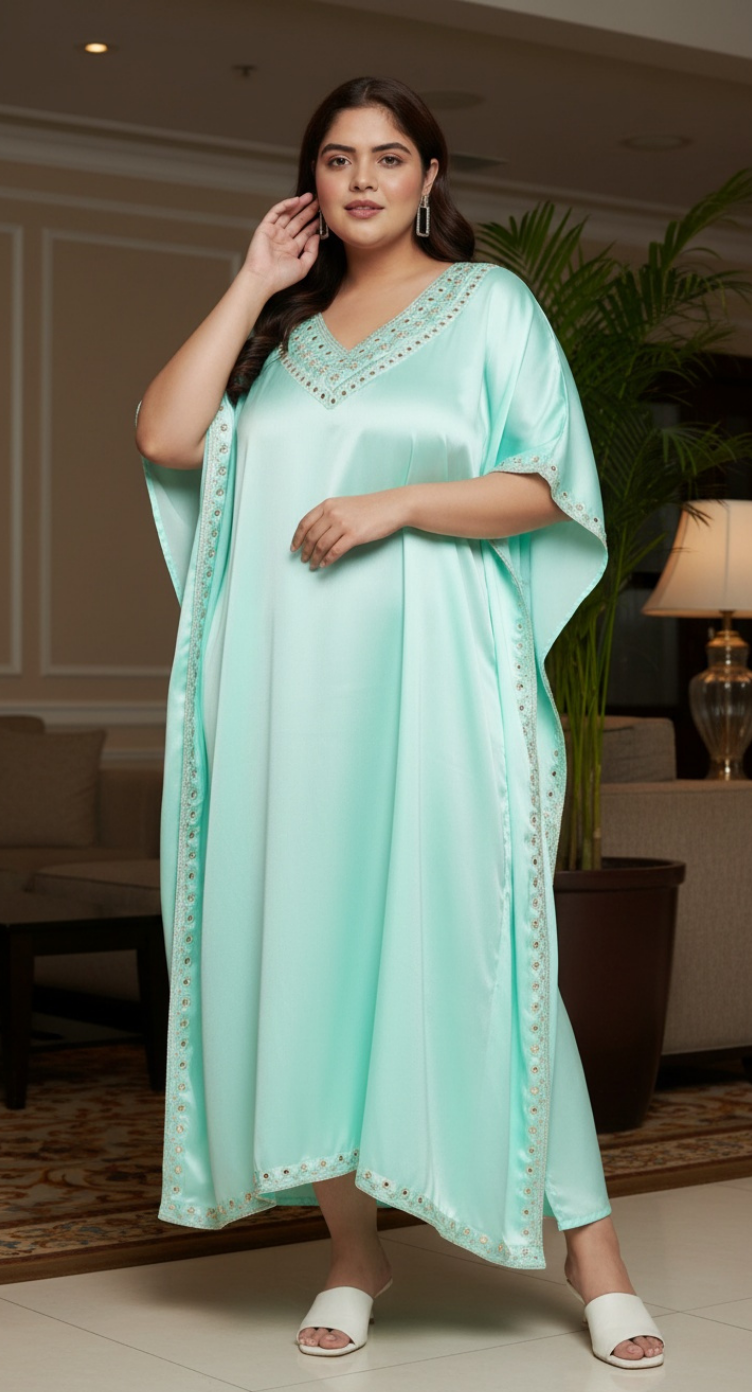 Shop Solid Embroidery Lace Ice Green Satin Women Kaftan Dress Now ! Shop Solid Embroidery Lace Ice Green Satin Women Kaftan Dress Now !