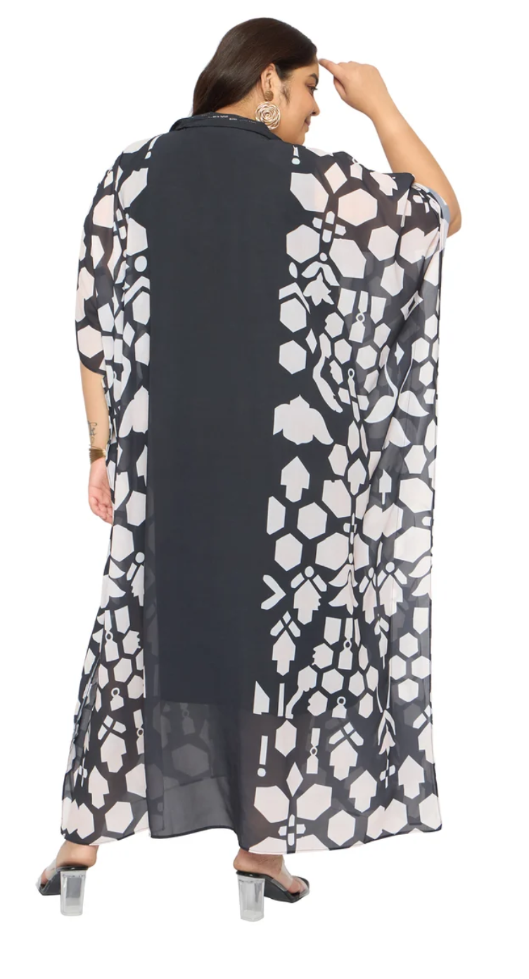 Black Geometric Hexagon Georgette Plus Size Kaftan for Women 1X-3X | GypsieBlu
