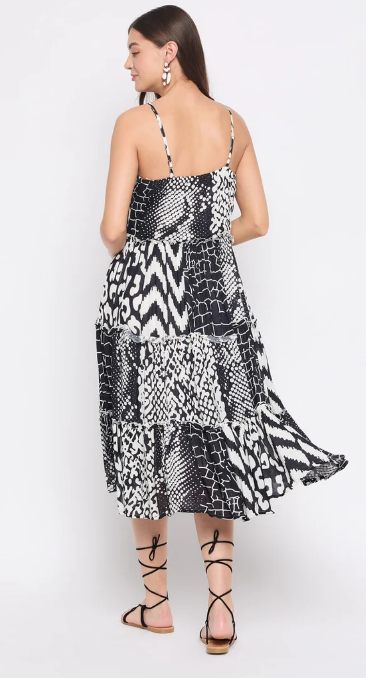 White & Black Geometric Rayon Midi Dress for Women S-XL | GypsieBlu