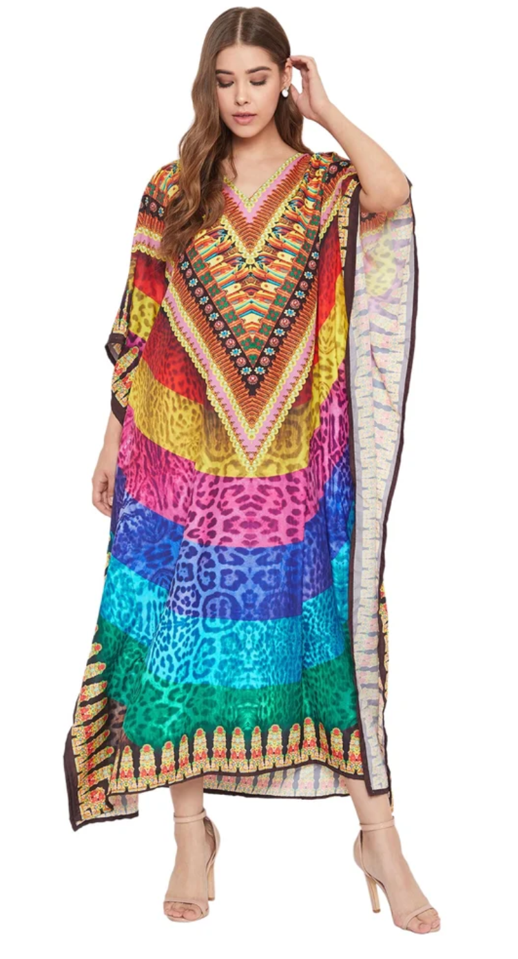 Multicolor Tribal Polyester Plus Size Kaftan Dress for Women 1X-3X | GypsieBlu