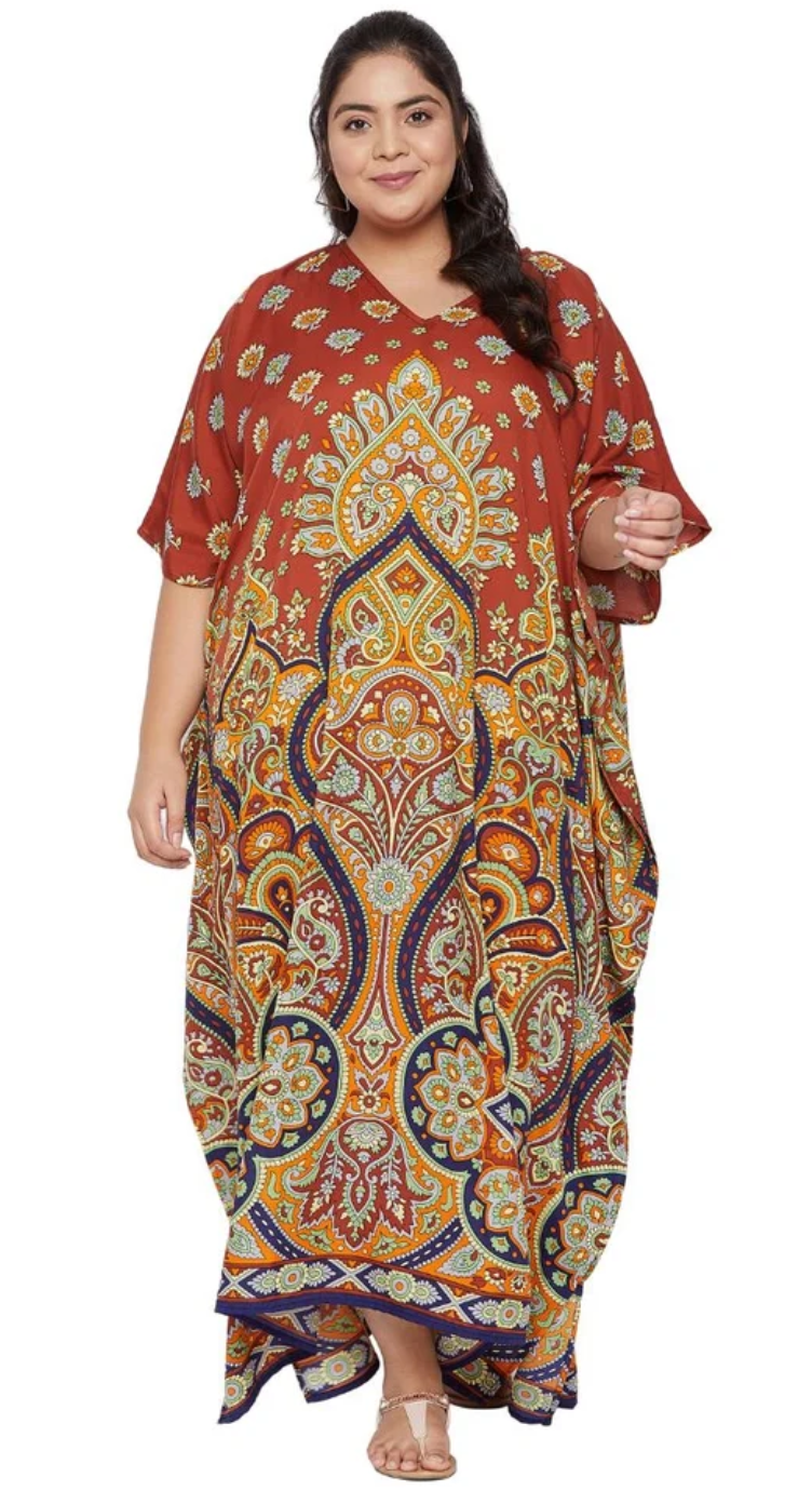 Multicolor Rust Medallion Plus Size Kaftan for Women 1X-3X V Neck | GypsieBlu