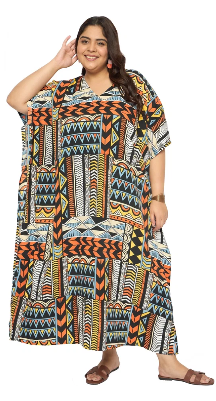 Multicolor Aztec Patchwork Polyester Plus Size Kaftan for Women 1X-3X | GypsieBlu