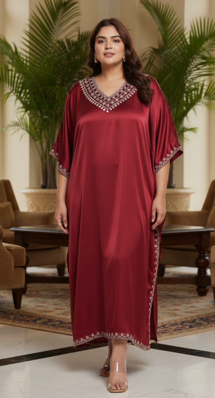 Solid Embroidery Jester Red Satin Kaftan For Plus Size Women