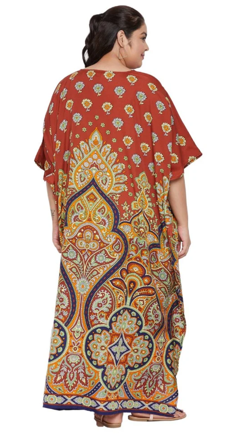 Multicolor Rust Medallion Plus Size Kaftan for Women 1X-3X V Neck | GypsieBlu
