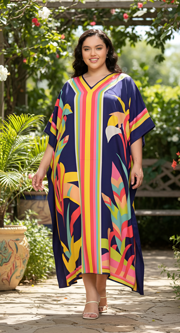 Navy Blue Leaf Polyester Women Plus Size kaftan Dress