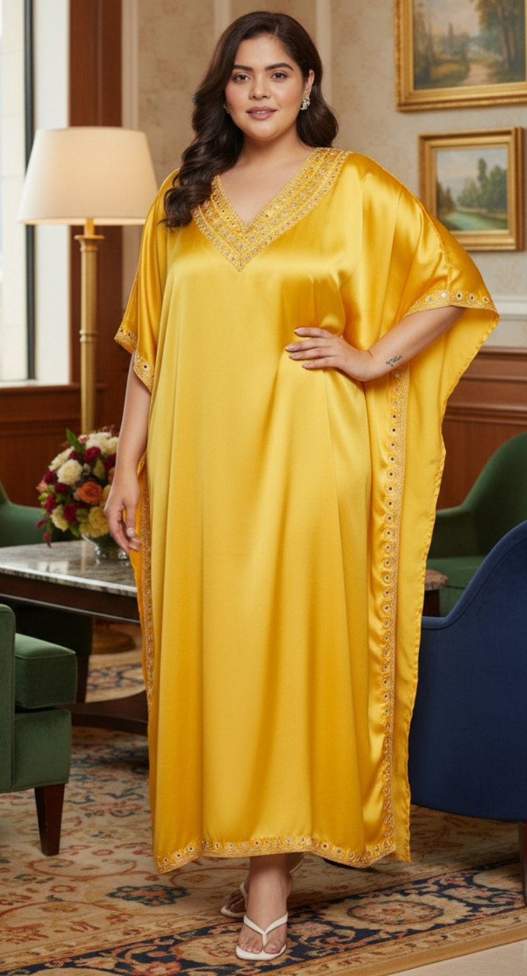 Kaftan Plus Size Solid With Embroidery Lace Yellow Satin For Women