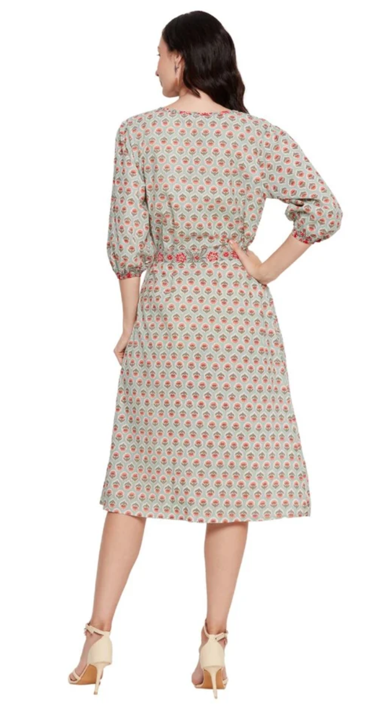 Pista Green Floral Cotton Button Neck Midi Dress for Women S-XL 3/4 Sleeve | GypsieBlu
