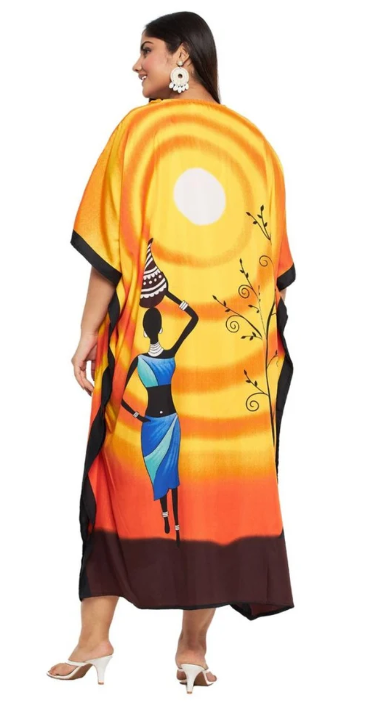 Yellow African Woman Figure Sunset Graphic Polyester Plus Size Kaftan for Women 1X-3X V Neck | GypsieBlu