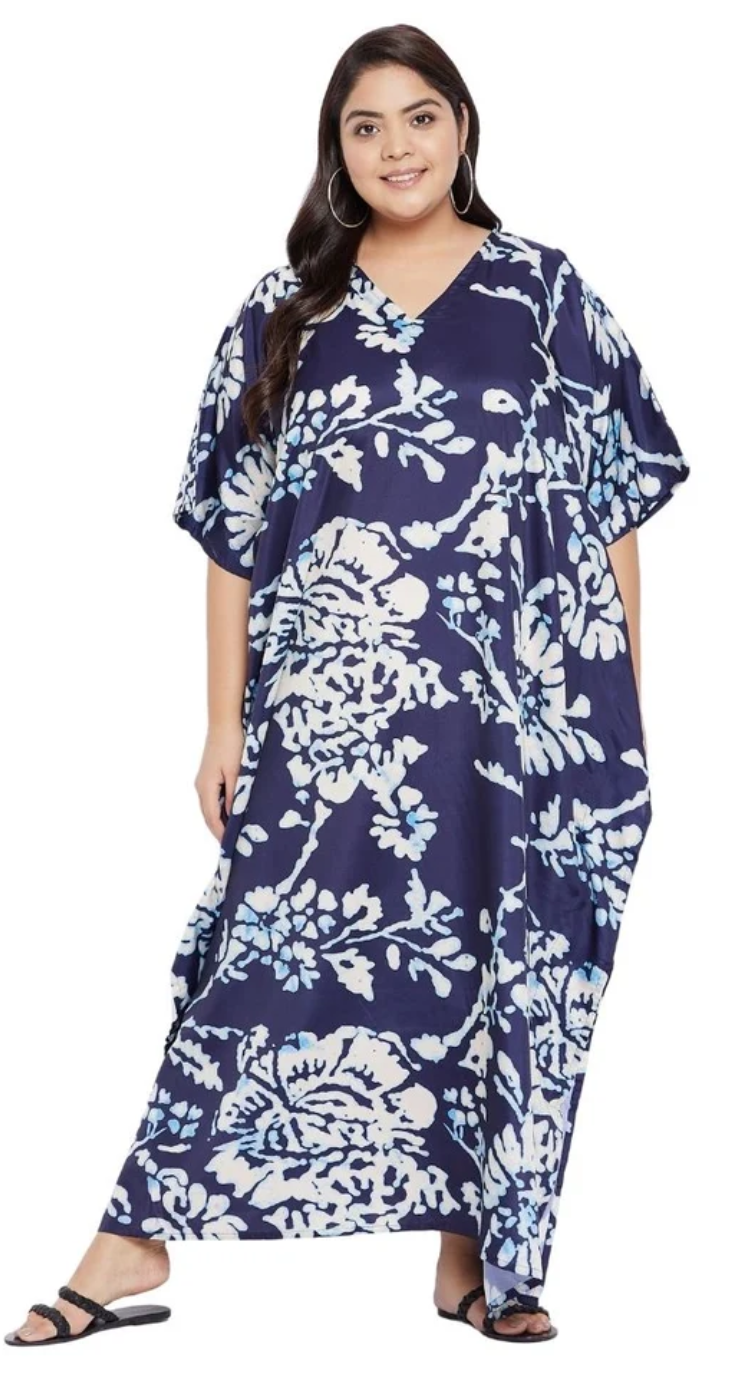 Blue Batik Floral Polyester Plus Size Kaftan for Women 1X-3X | GypsieBlu