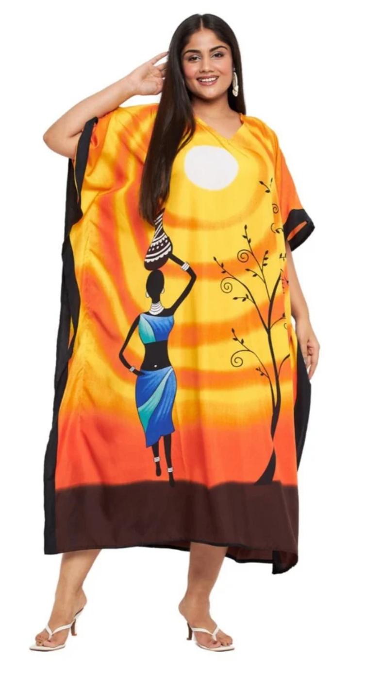 Yellow African Woman Figure Sunset Graphic Polyester Plus Size Kaftan for Women 1X-3X V Neck | GypsieBlu