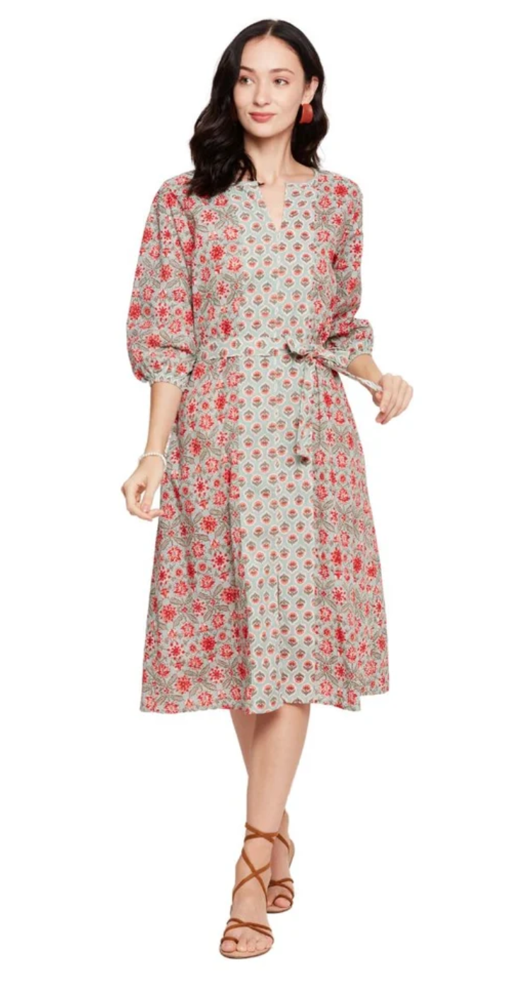 Pista Green Floral Cotton Notch Neck Midi Dress for Women S-XL 3/4 Sleeve | GypsieBlu
